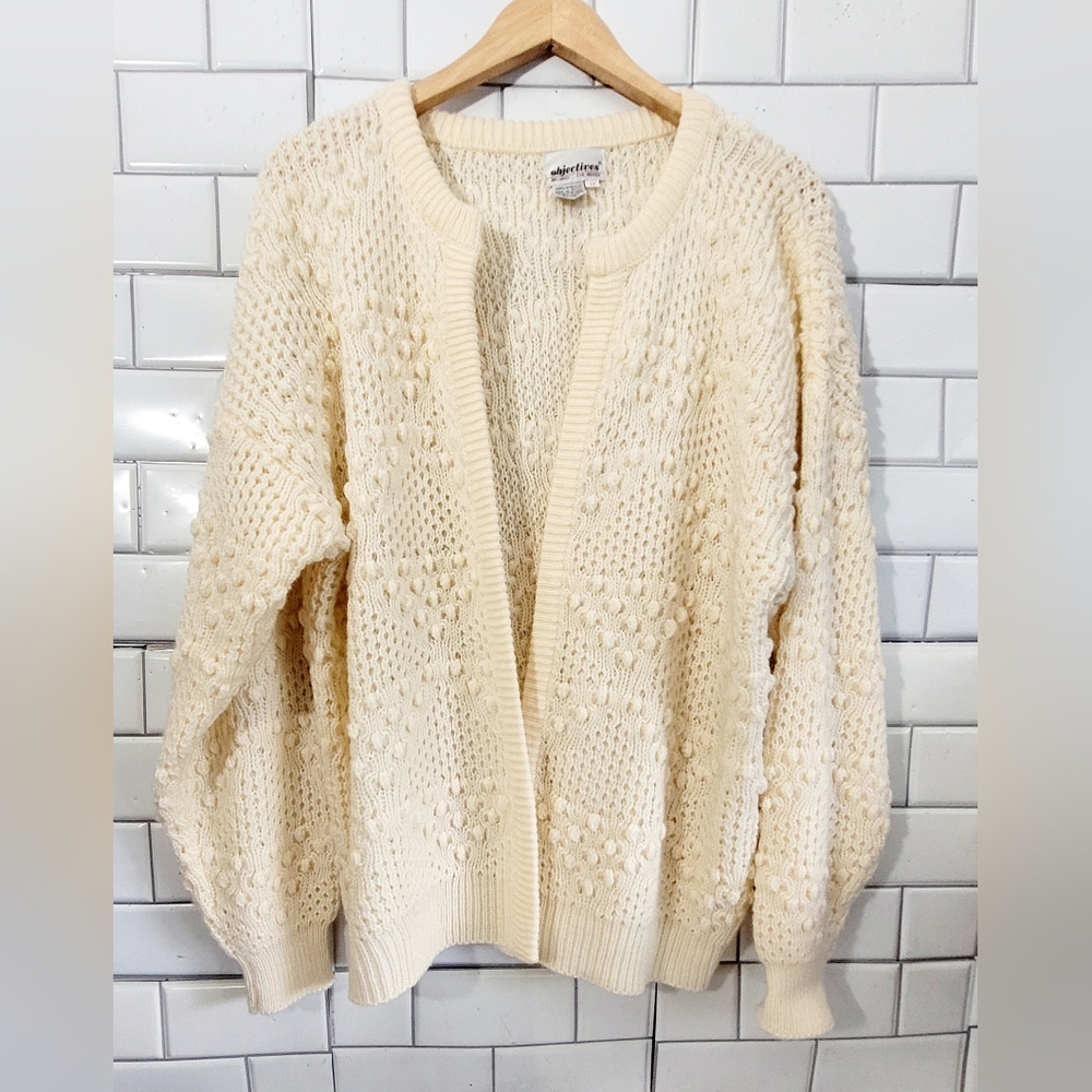 Objectives For Women Vintage Ladies Off White Cardigan Open Front Sweater Textur